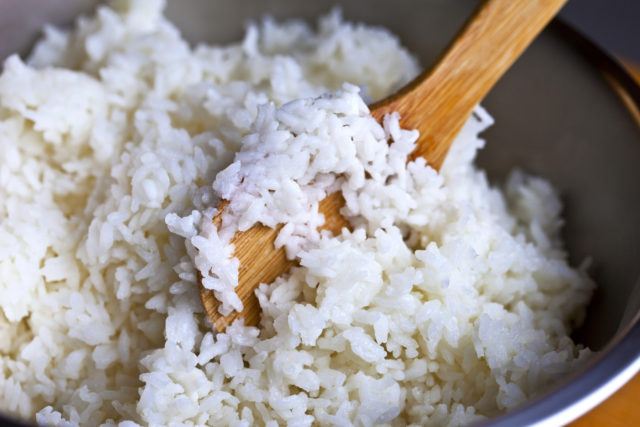 Close up of cooking rice in a pan