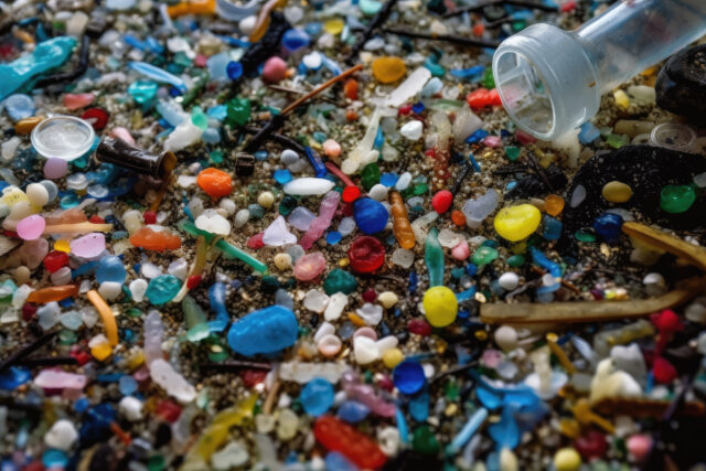 microplastics of different shapes, sizes and colors in a fish tank, created with generative ai